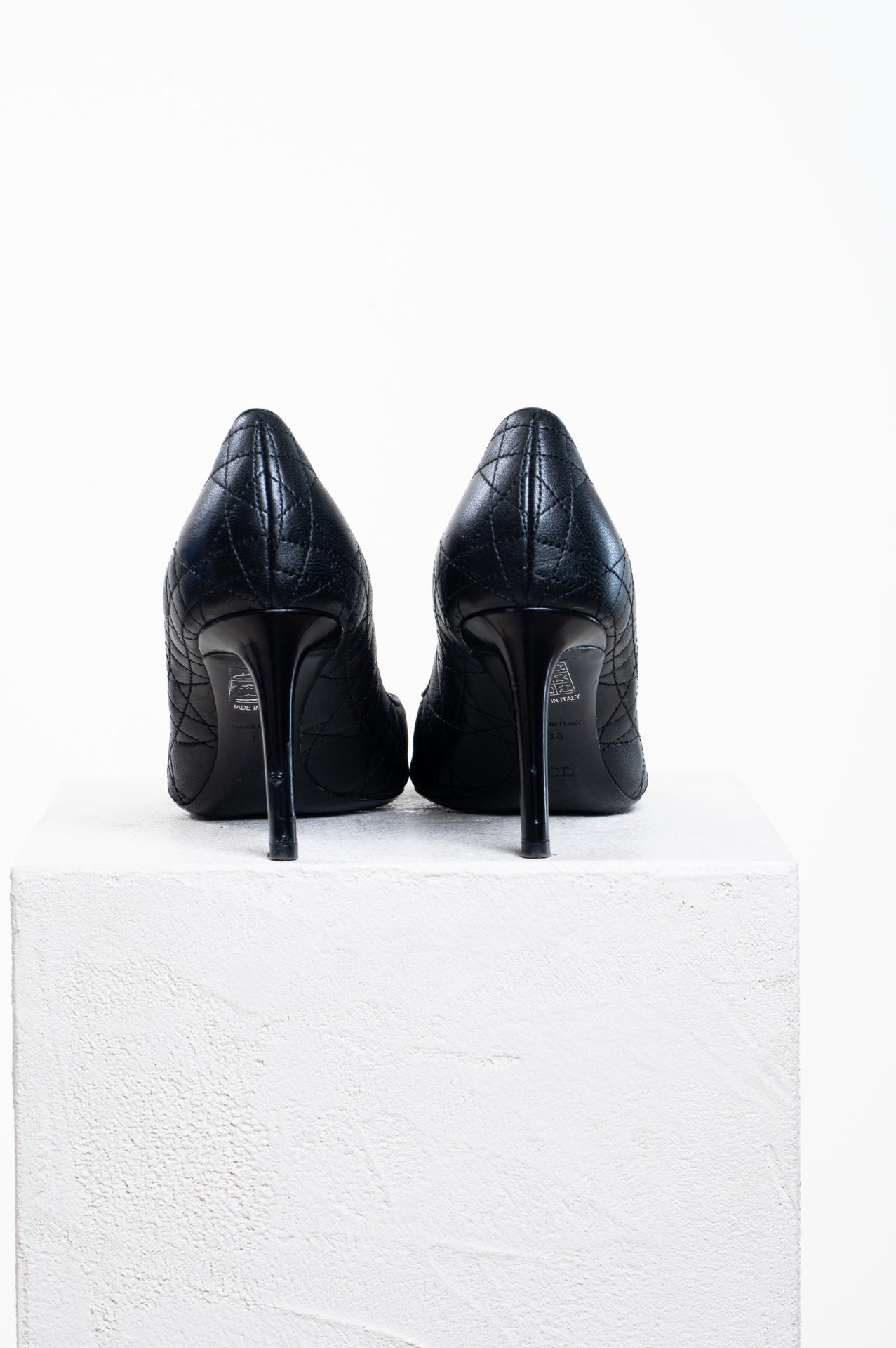 Black Quilted Cannage Leather Stiletto Pumps