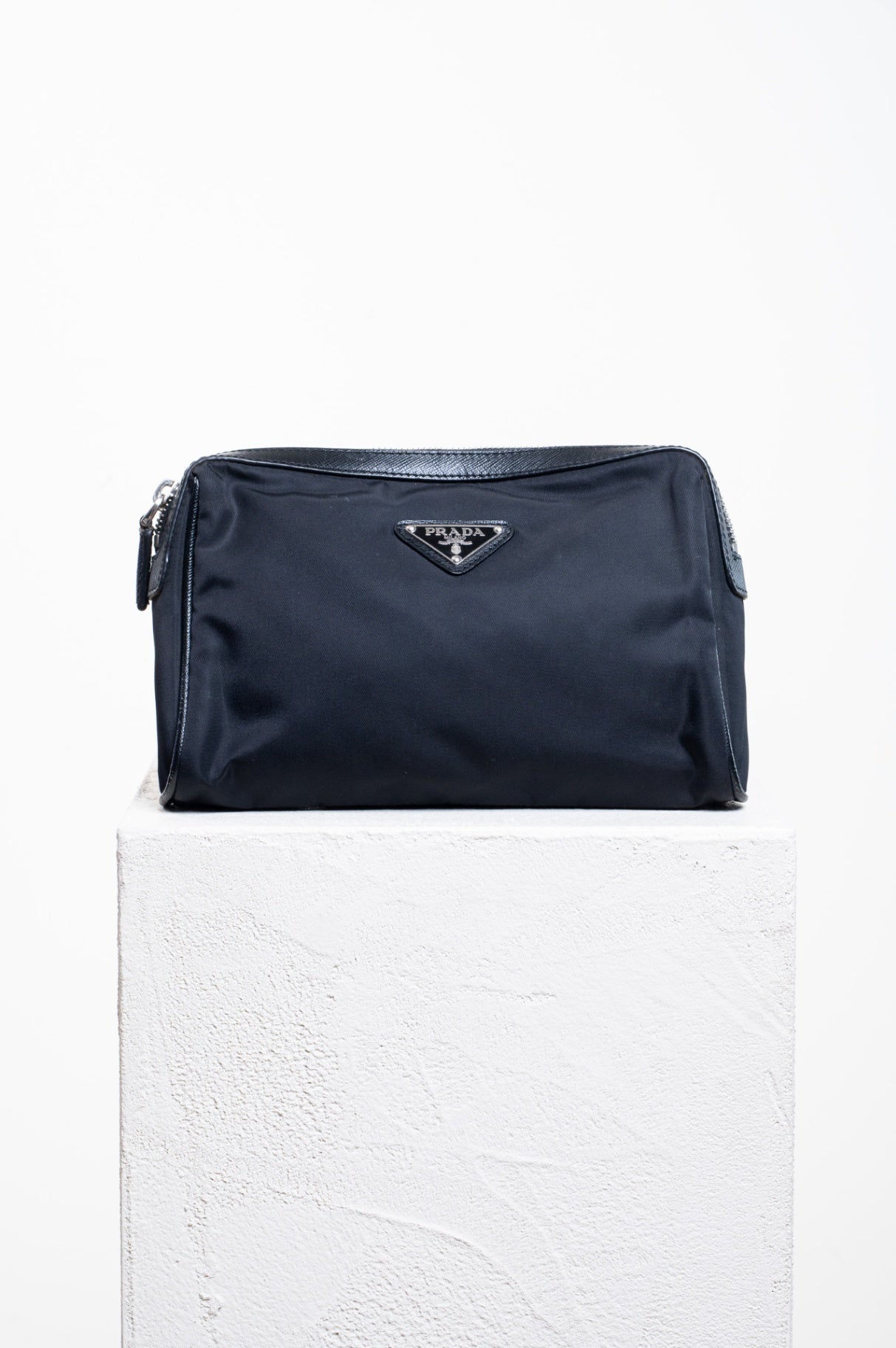 Black Nylon Leather Trim Plaque Zip Pouch