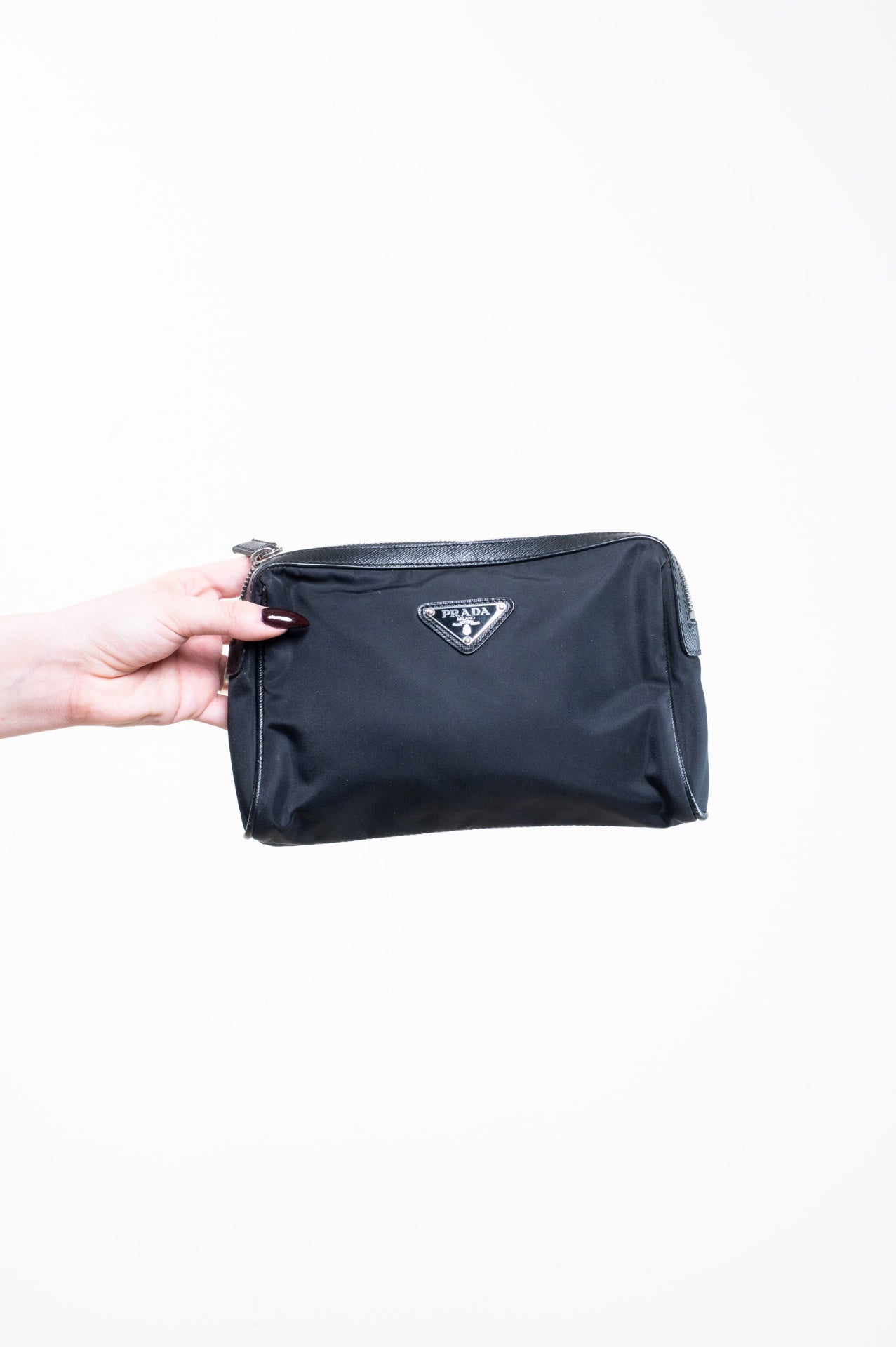 Black Nylon Leather Trim Plaque Zip Pouch