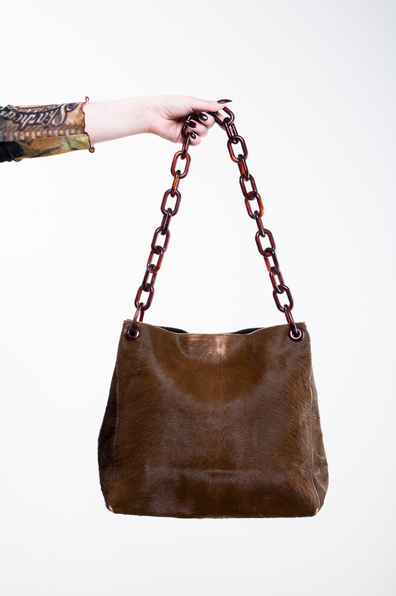 Brown Pony Hair Link Strap Shoulder Bag