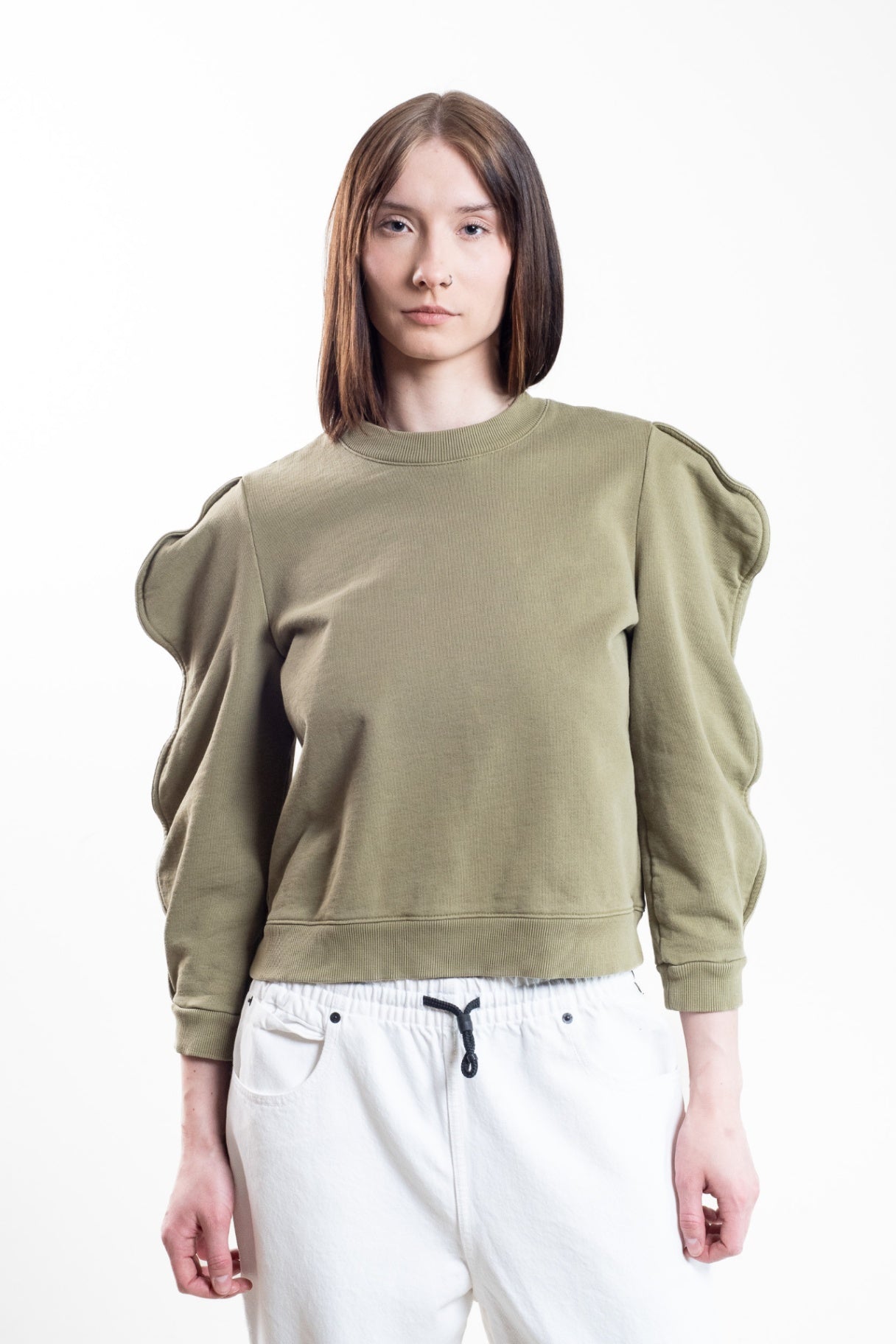 Green Khaki Cropped Crewneck Sweater w/ Shoulder Detail