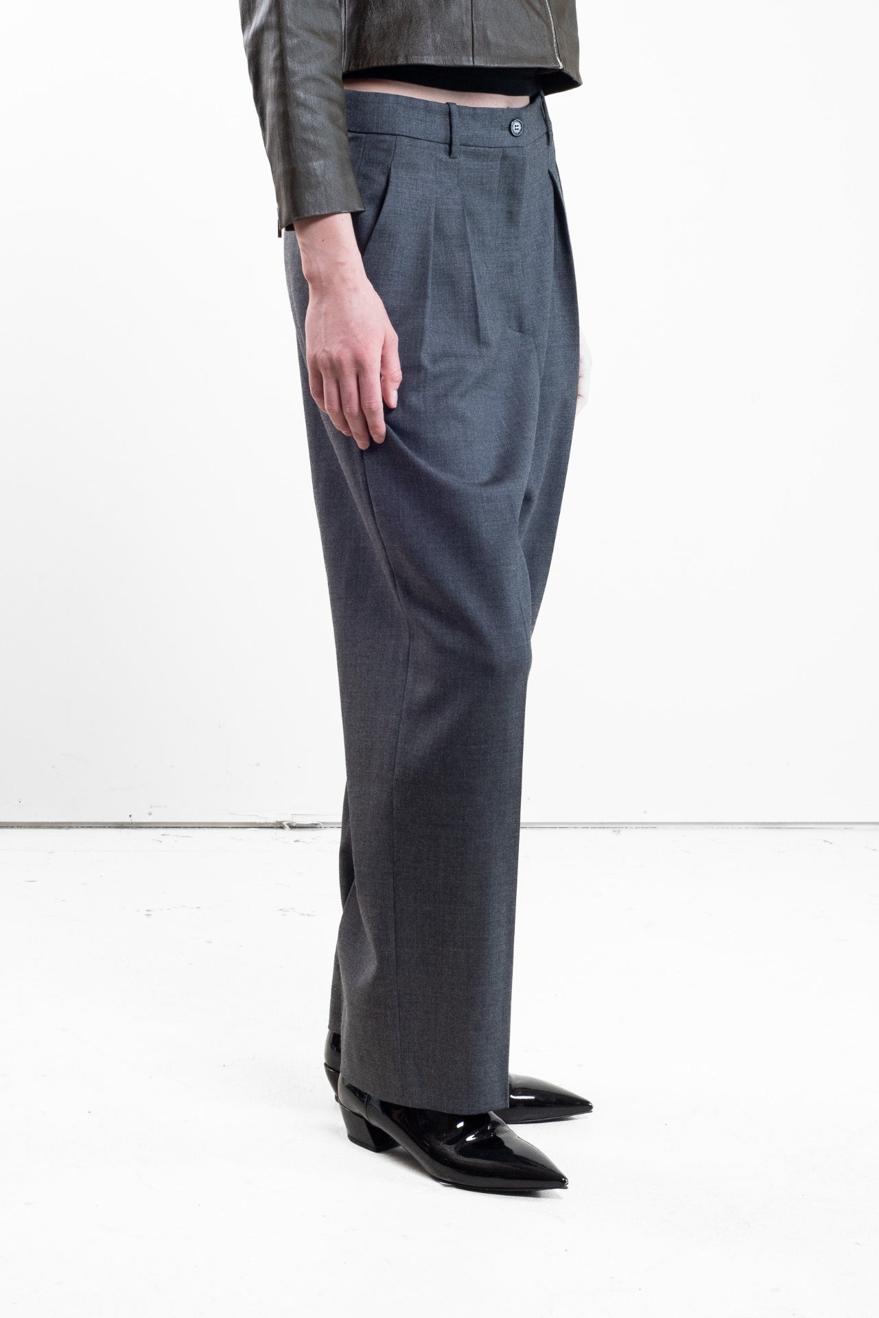 Grey Pleated High-Waisted Trouser