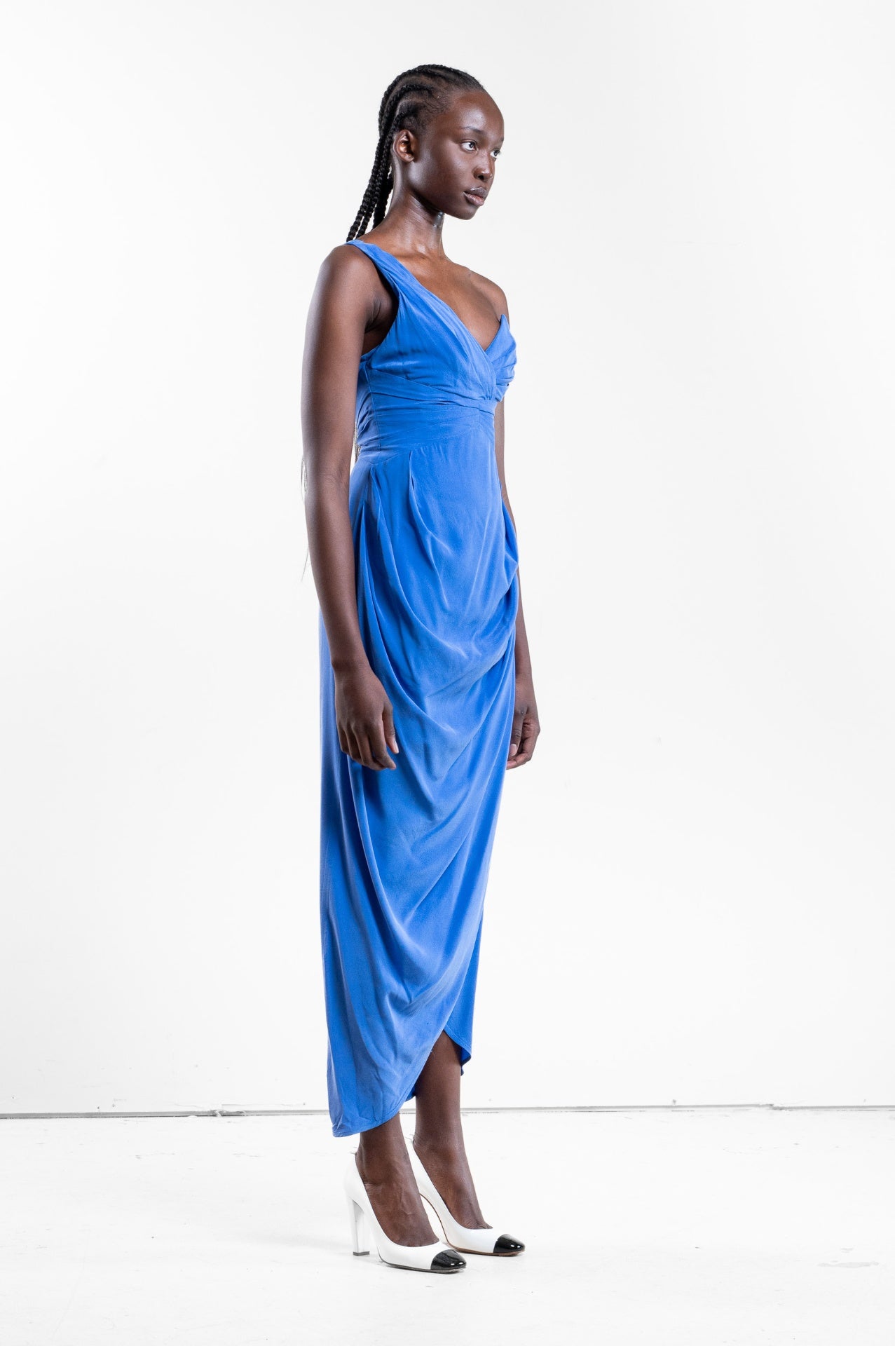Blue One Shoulder Silk Dress
