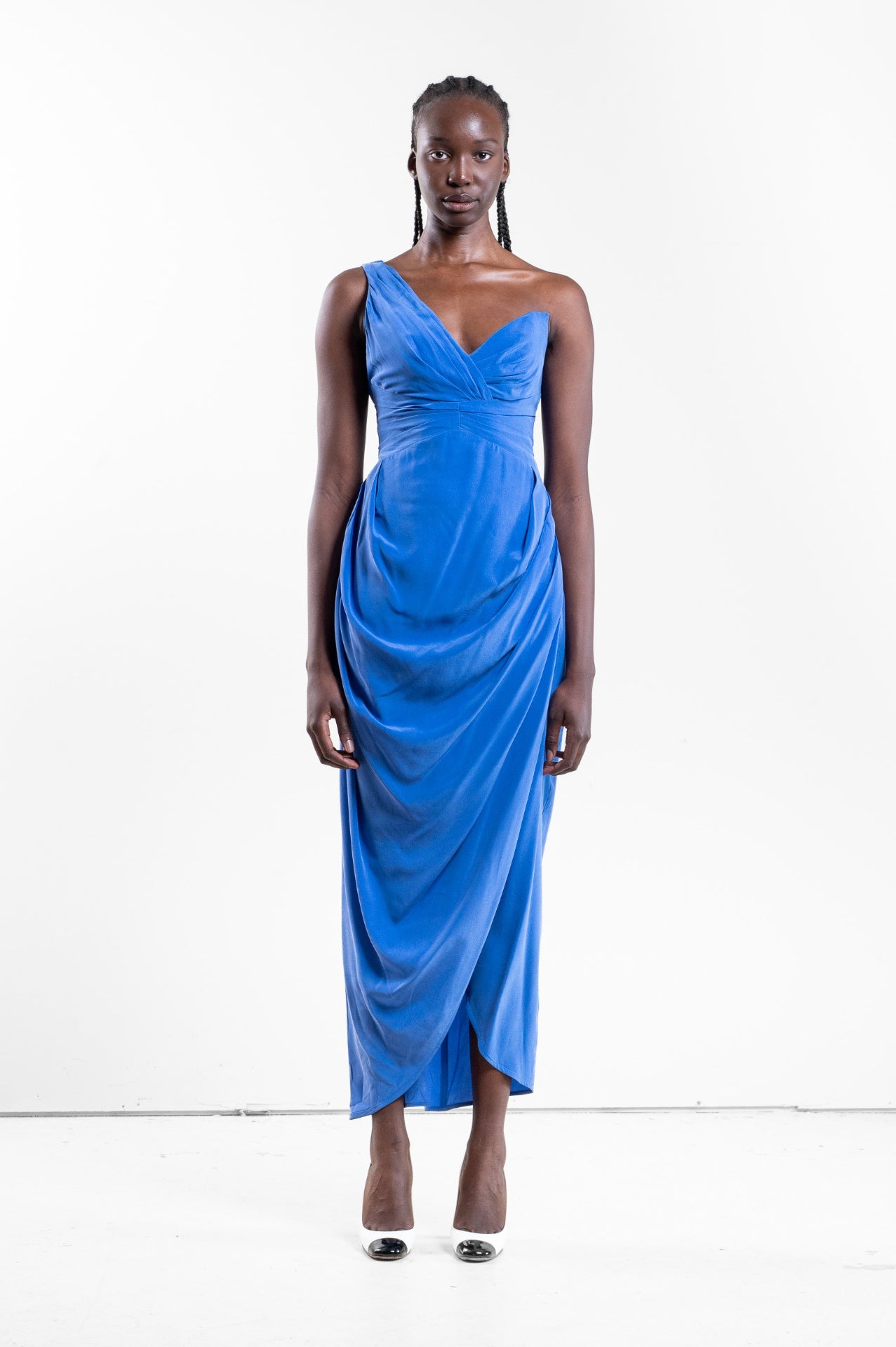 Blue One Shoulder Silk Dress