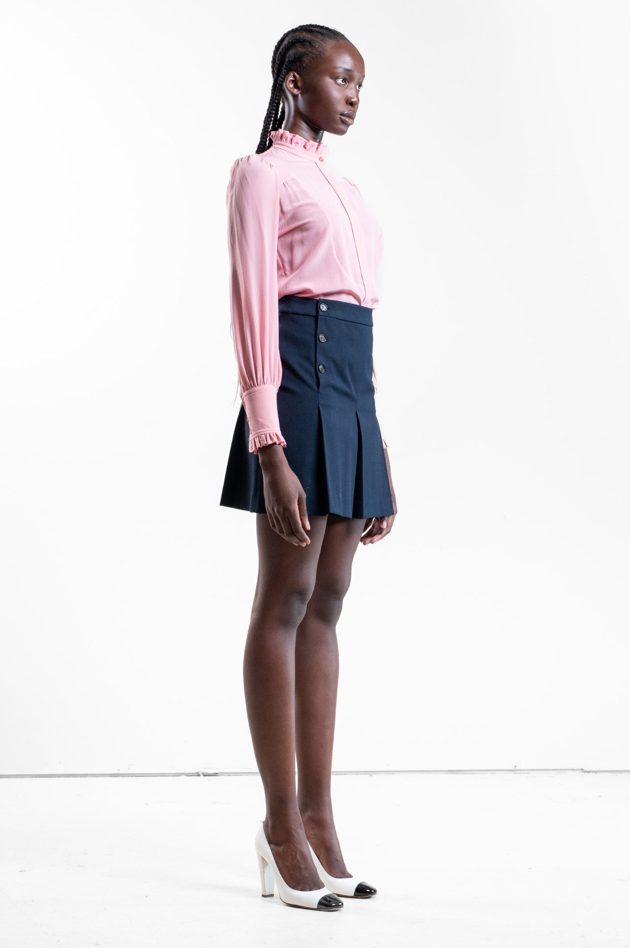 Pink Ruffle Neck Button-Up Blouse