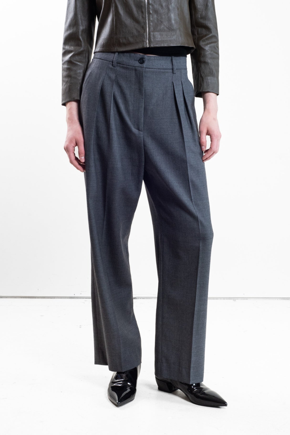 Grey Pleated High-Waisted Trouser