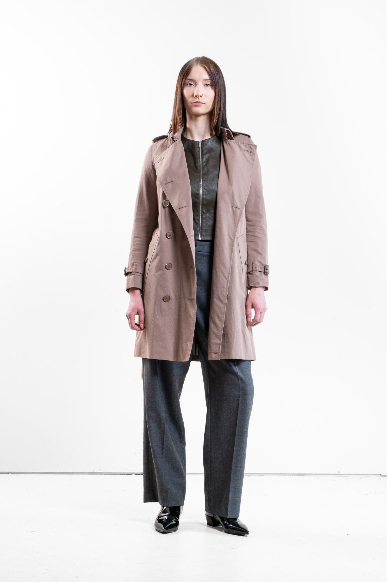 Dusty Rose Double-Breasted Gabardine Trench Coat