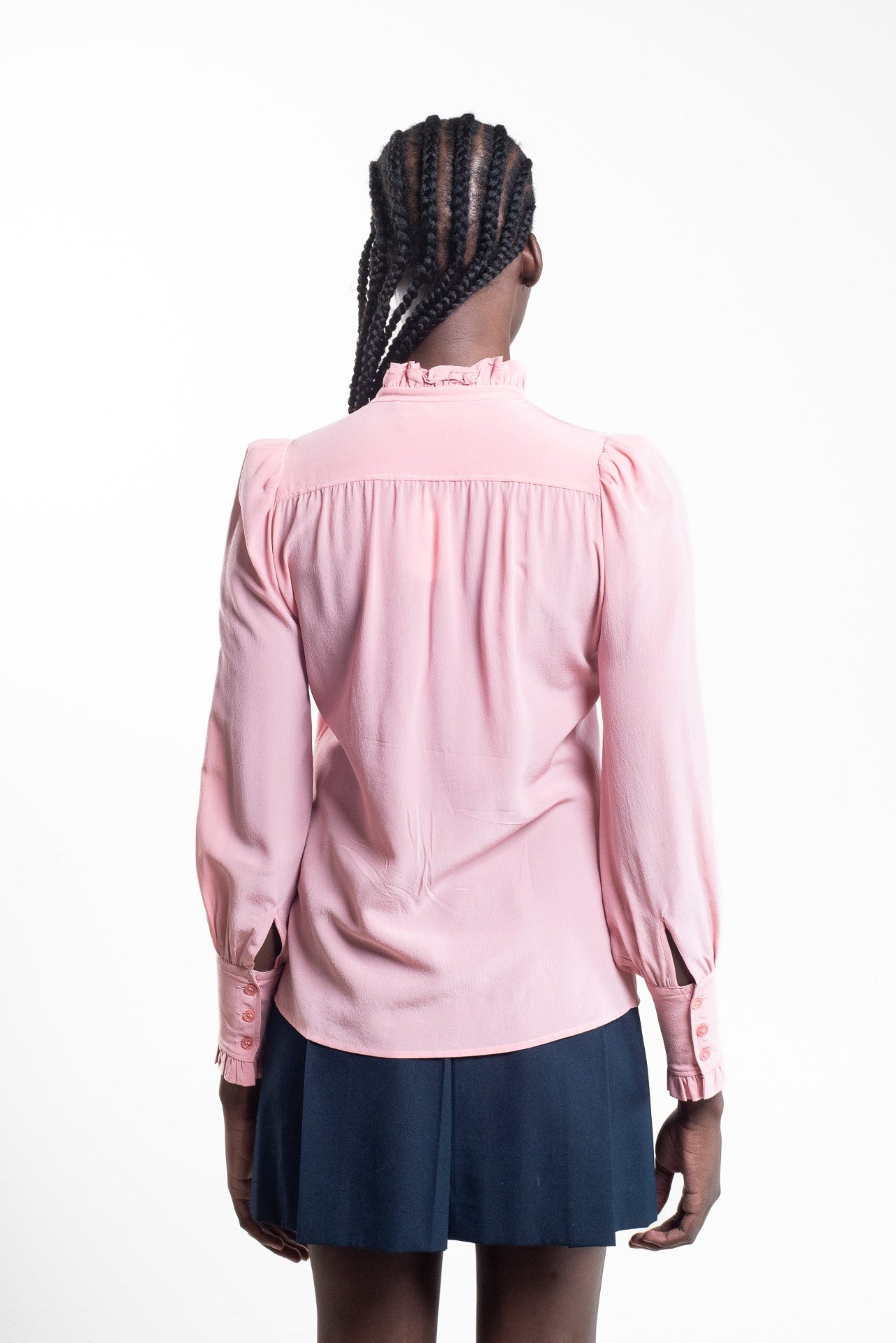 Pink Ruffle Neck Button-Up Blouse