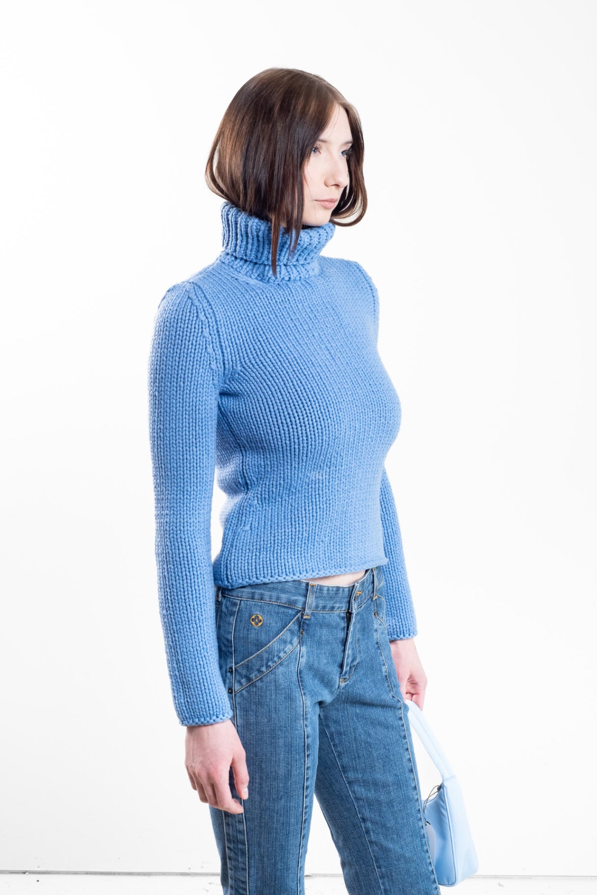 Vintage Light Blue Cashmere Turtleneck Chunky Sweater