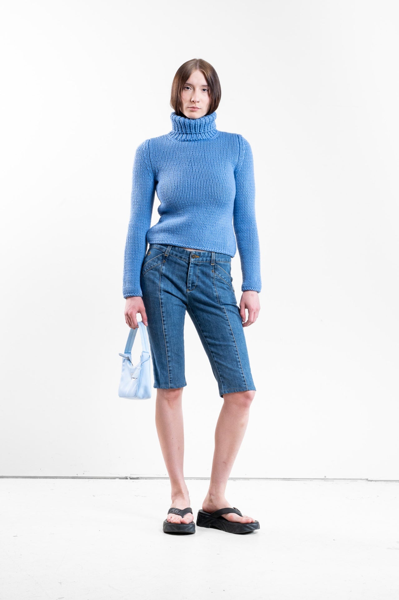 Vintage Light Blue Cashmere Turtleneck Chunky Sweater