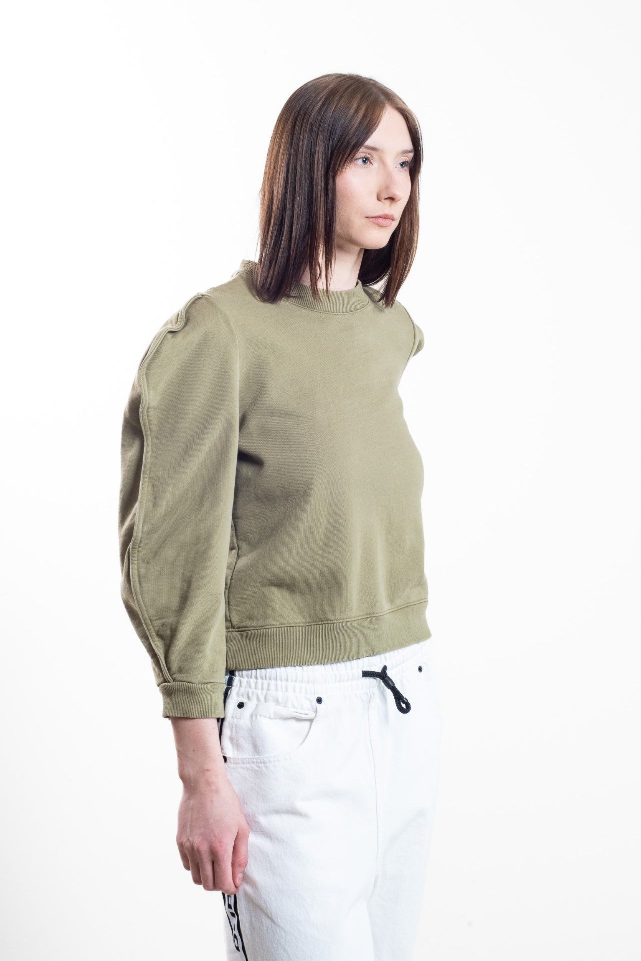 Green Khaki Cropped Crewneck Sweater w/ Shoulder Detail