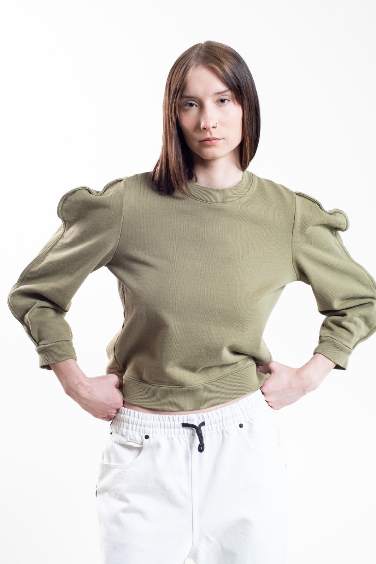 Green Khaki Cropped Crewneck Sweater w/ Shoulder Detail