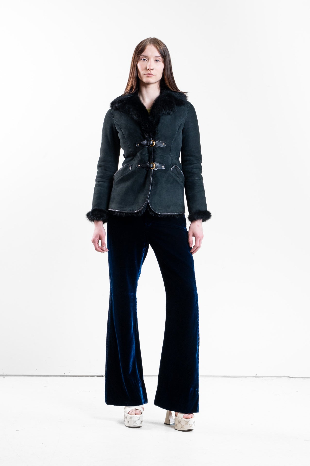 Vintage Black Fur Buckle Jacket