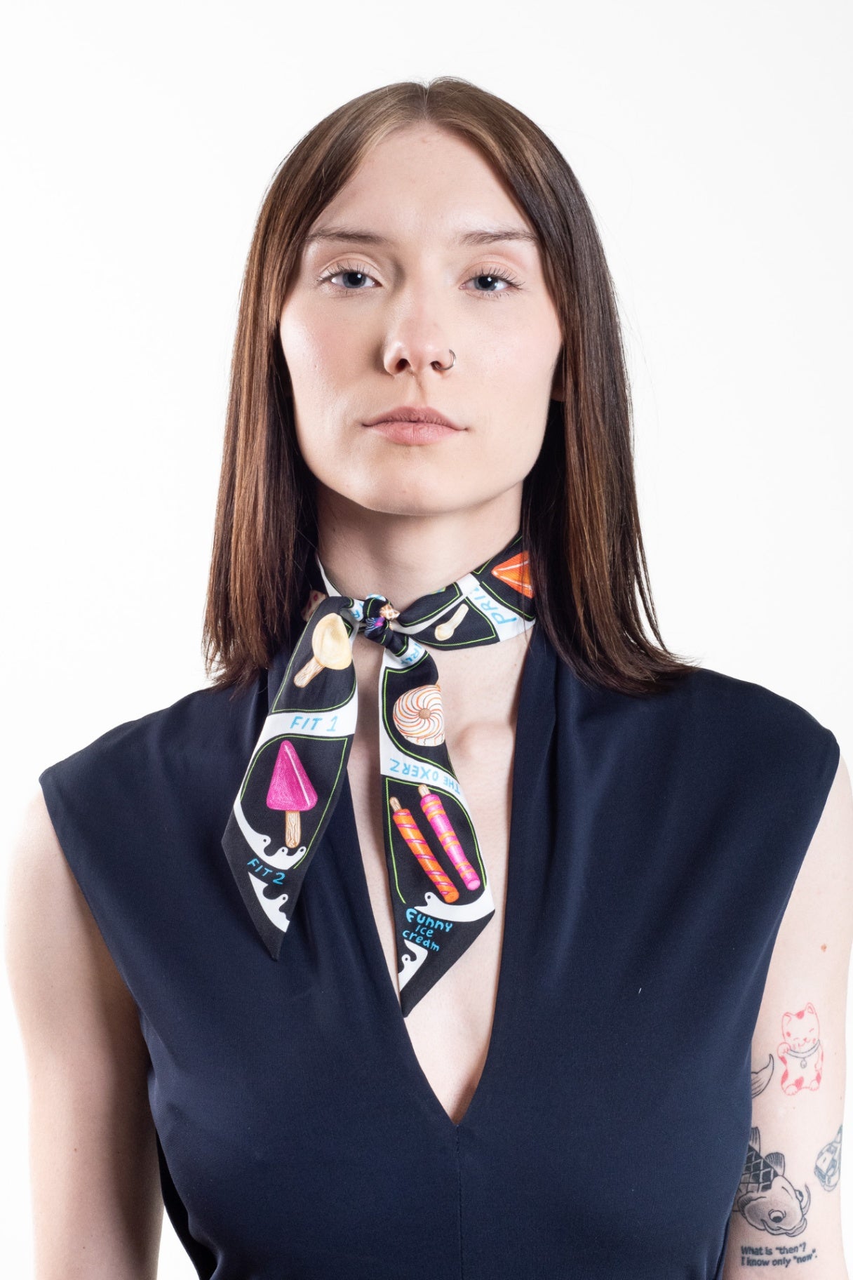 Black Multi Funny Ice Cream Twilly Scarf