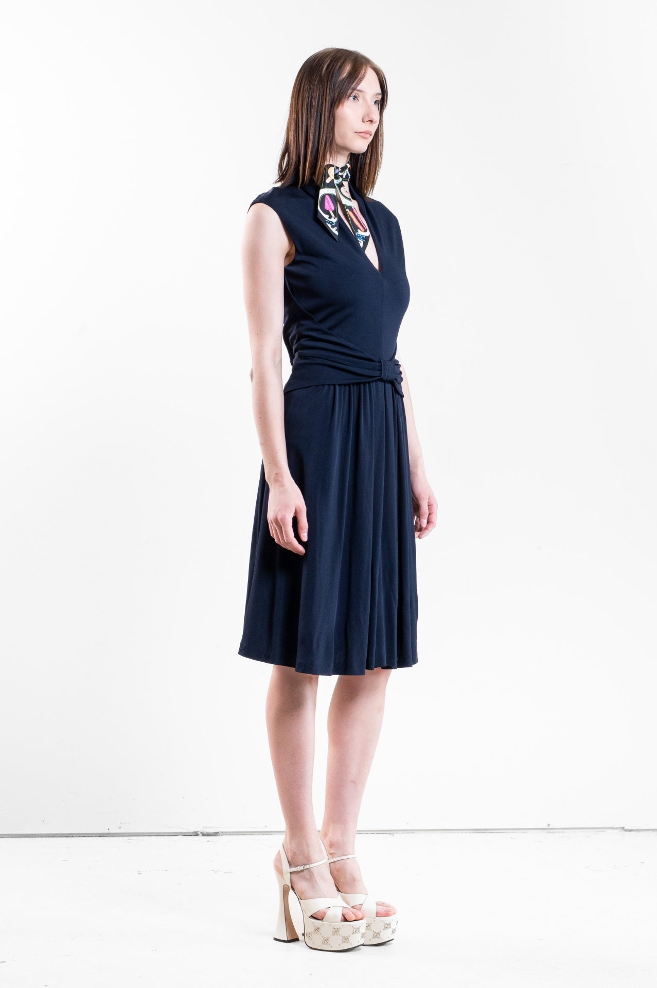 Navy Short Sleeve Bow Belt Midi Dress