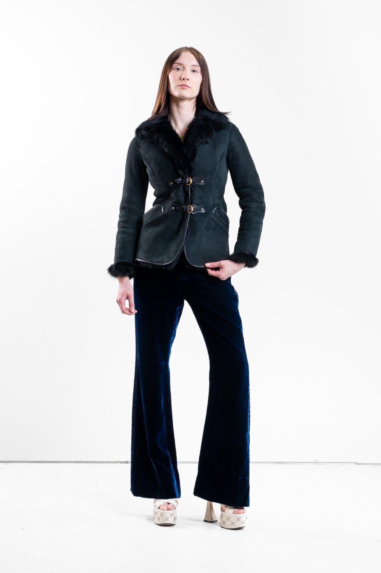 Vintage Black Fur Buckle Jacket