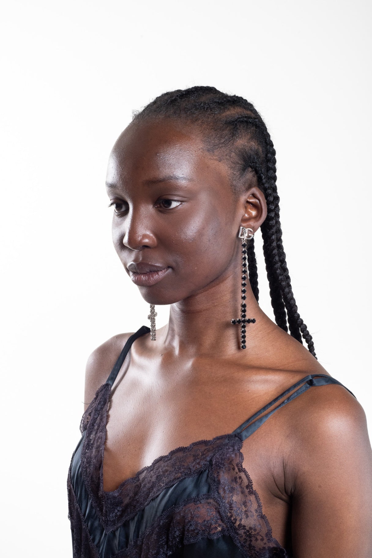 Kim Long Rhinestone Detailed Cross Earrings