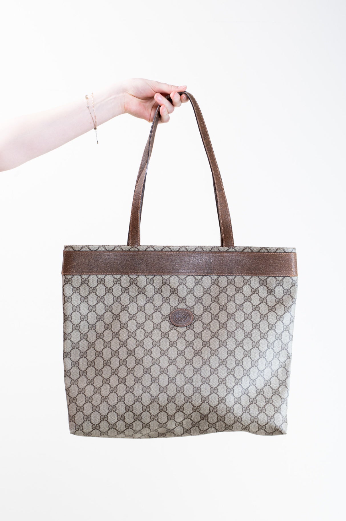 Vintage GG Printed Canvas Leather Shoulder Tote Bag