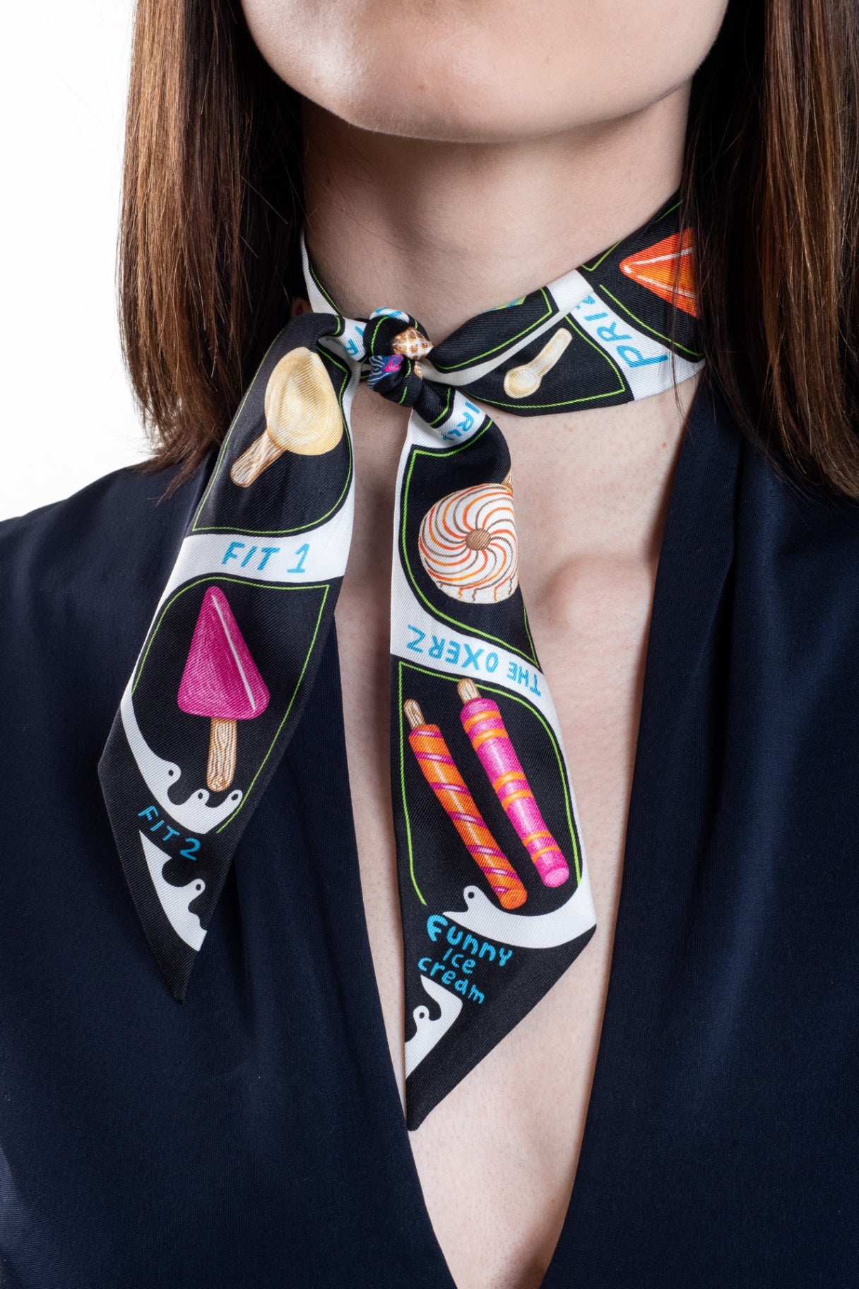 Black Multi Funny Ice Cream Twilly Scarf