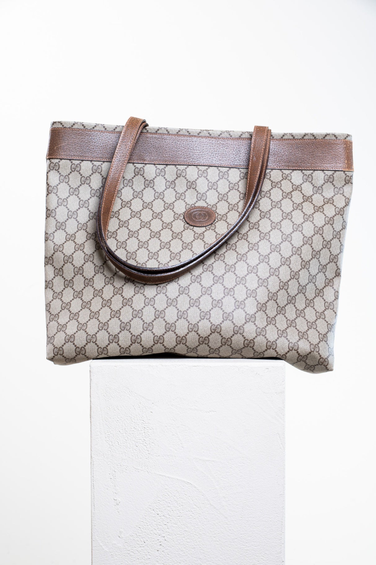 Vintage GG Printed Canvas Leather Shoulder Tote Bag