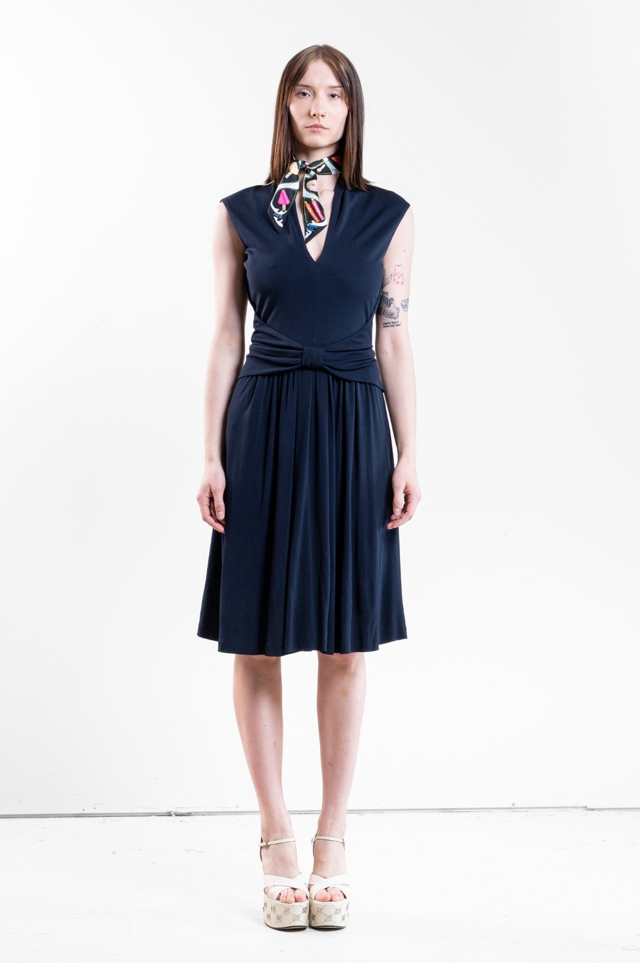 Navy Short Sleeve Bow Belt Midi Dress