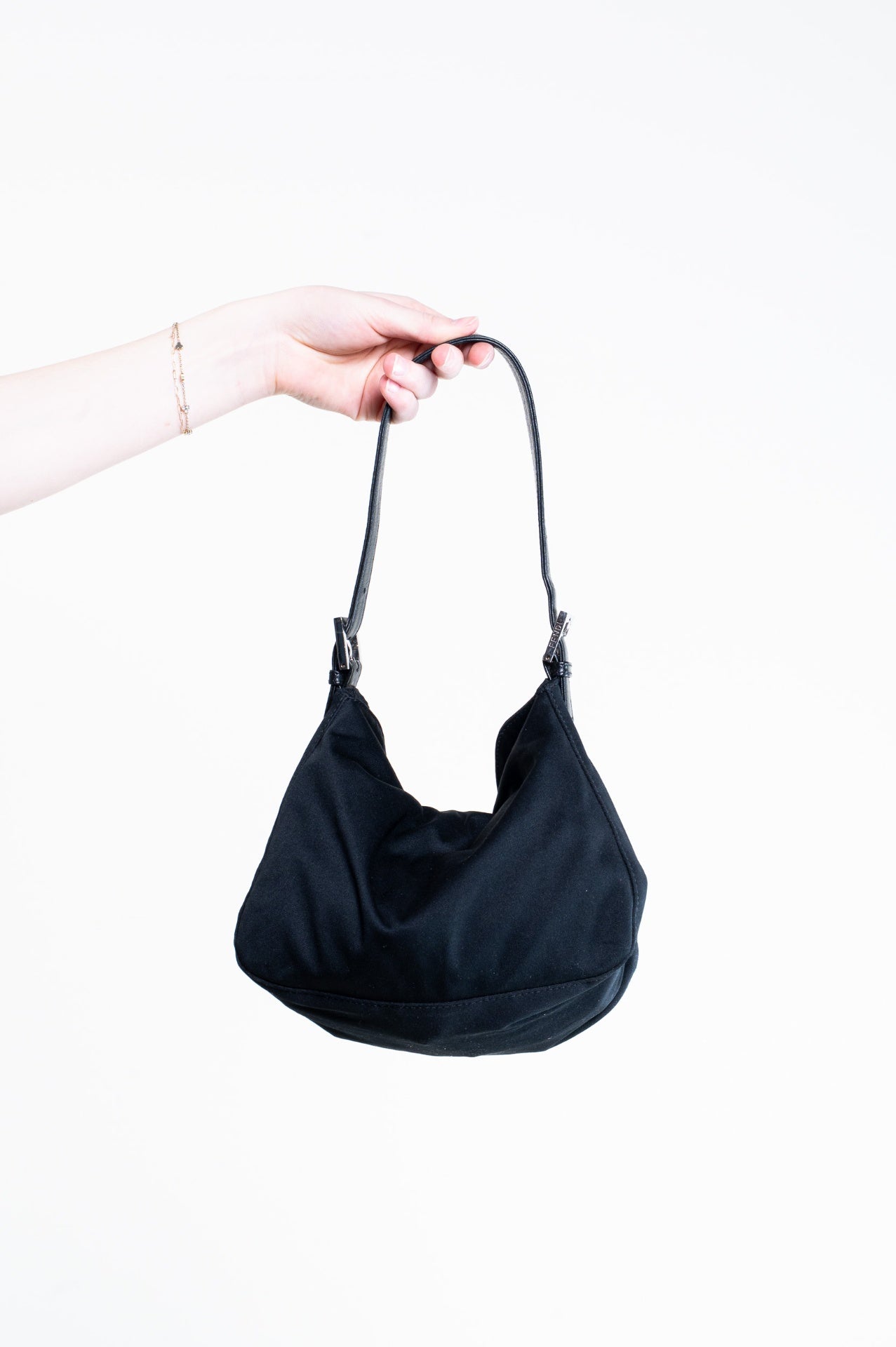 Black Fabric Baguette Bag with Leather