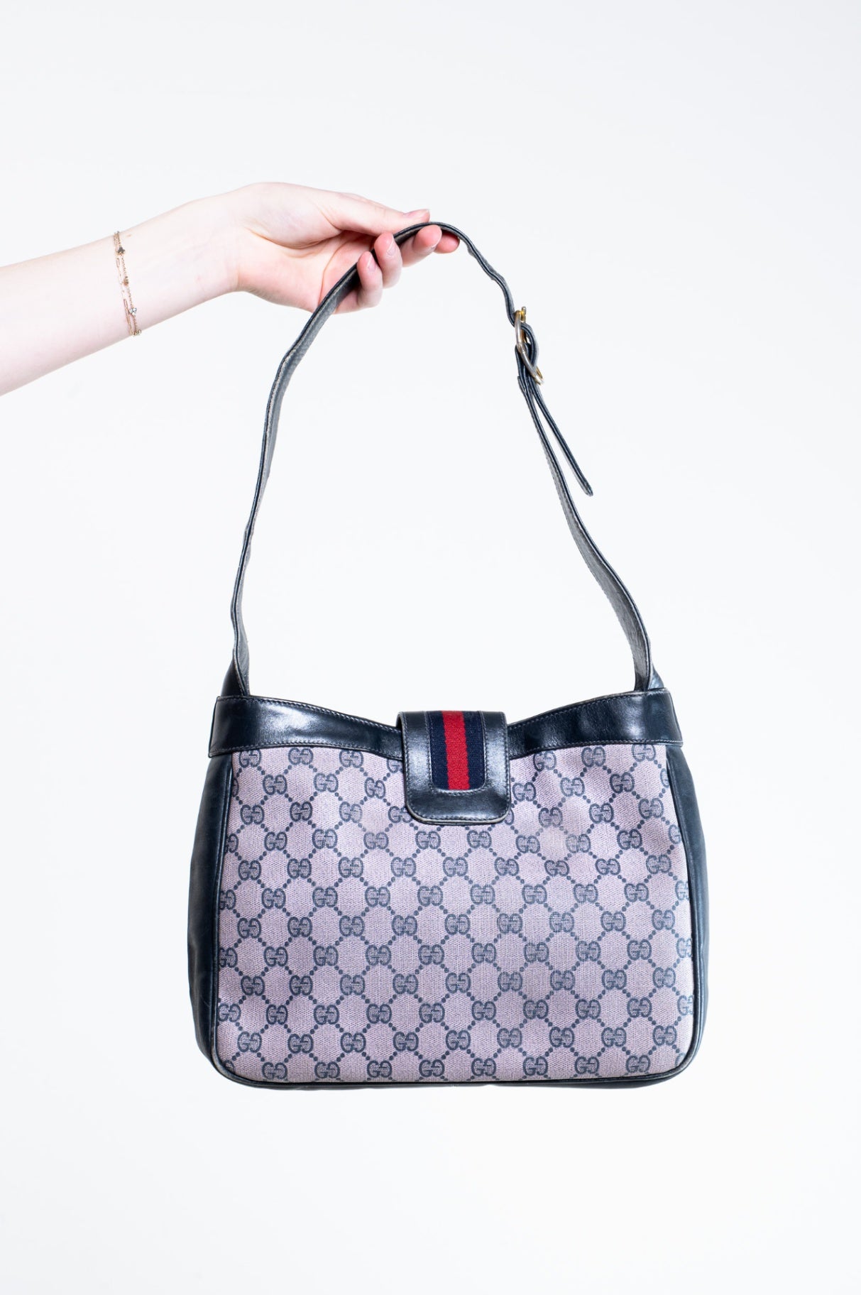 Vintage GG Navy Leather Canvas Shoulder Bag