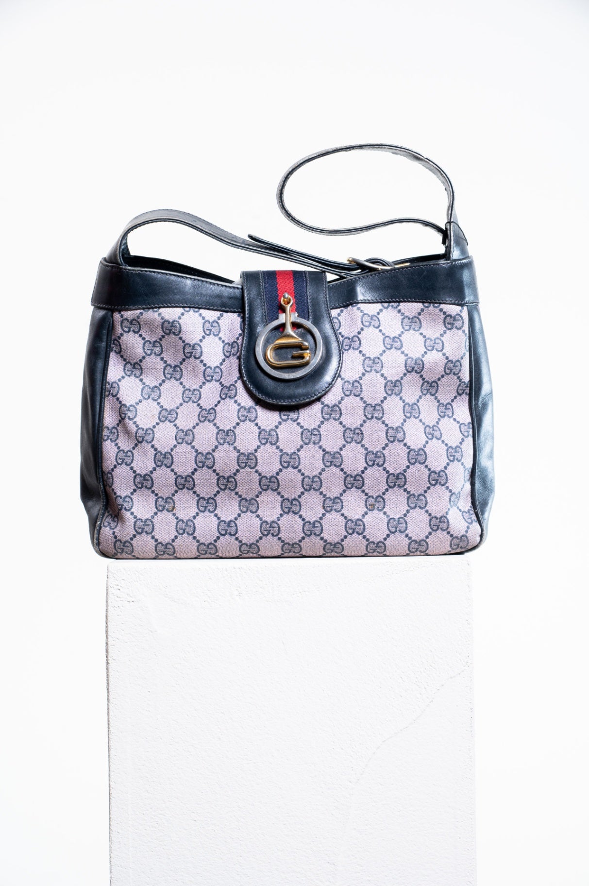 Vintage GG Navy Leather Canvas Shoulder Bag