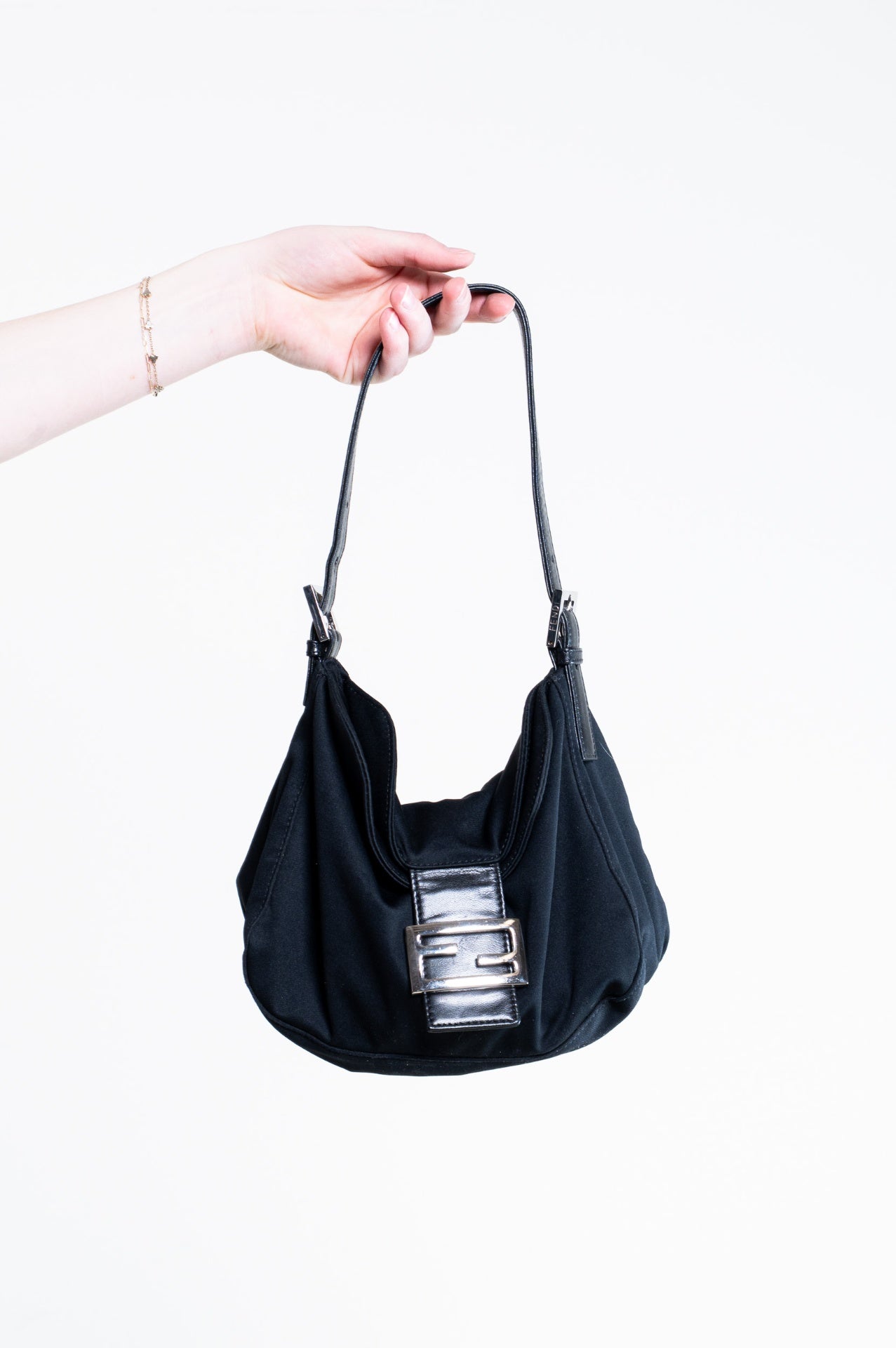 Black Fabric Baguette Bag with Leather
