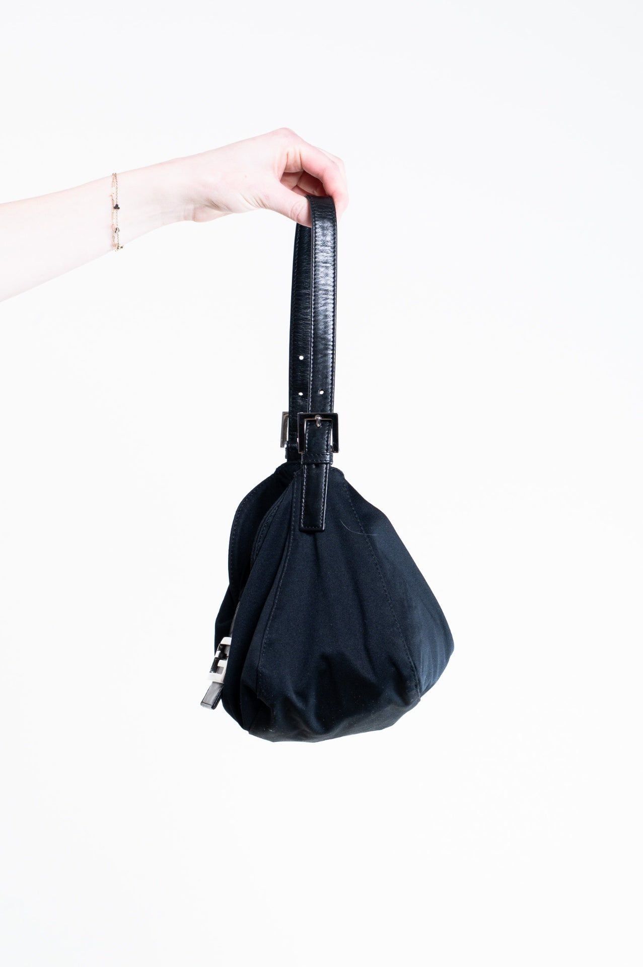 Black Fabric Baguette Bag with Leather
