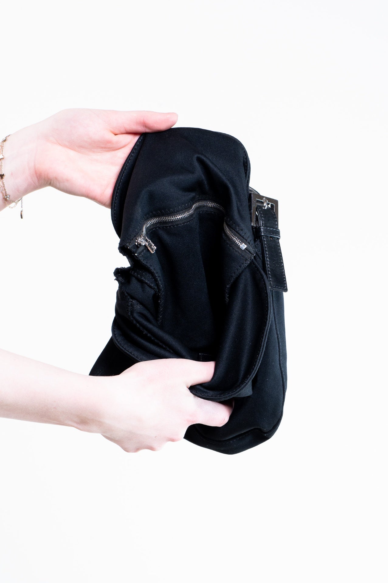 Black Fabric Baguette Bag with Leather