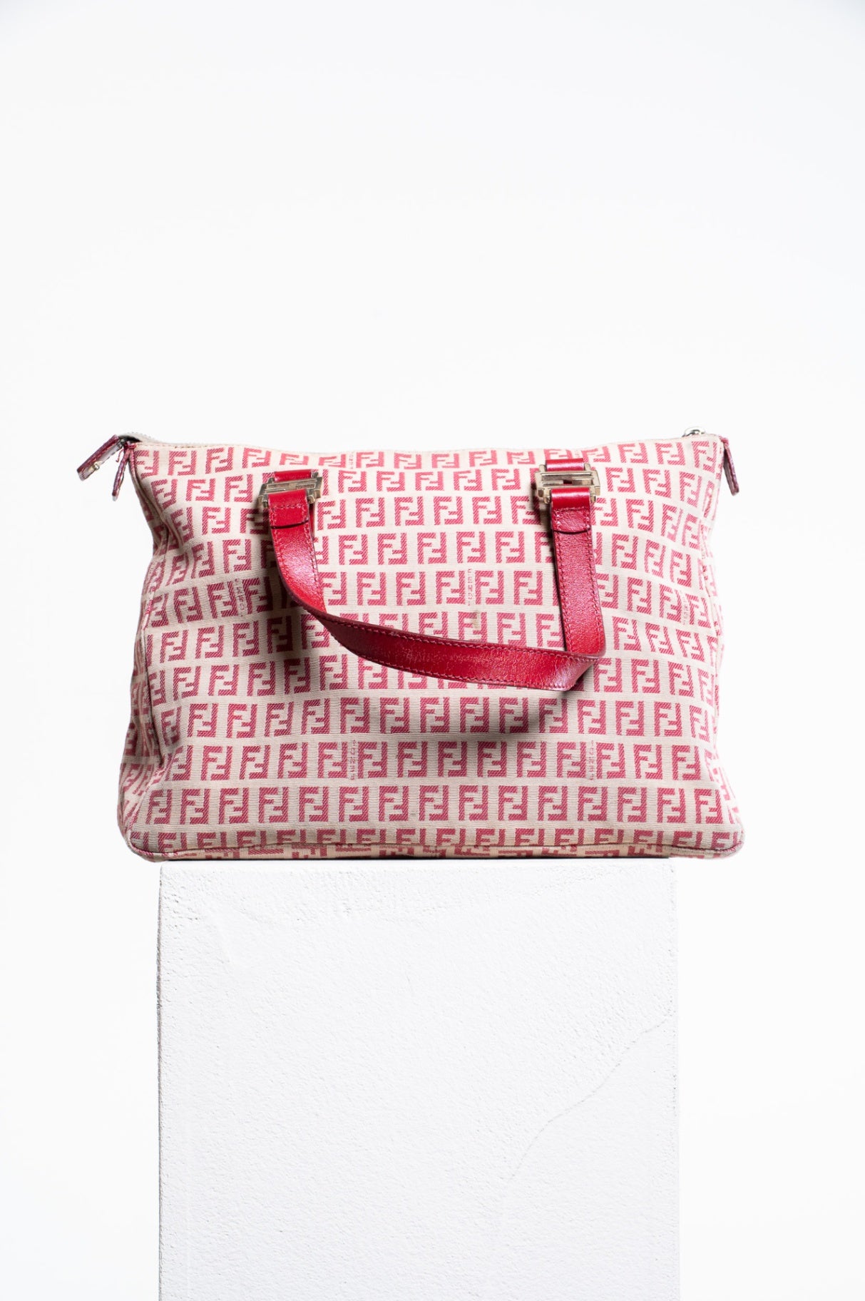 Beige and Red Canvas FF Tote bag with leather