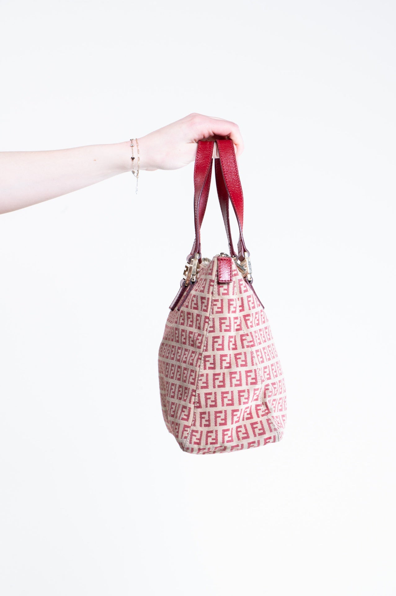Beige and Red Canvas FF Tote bag with leather