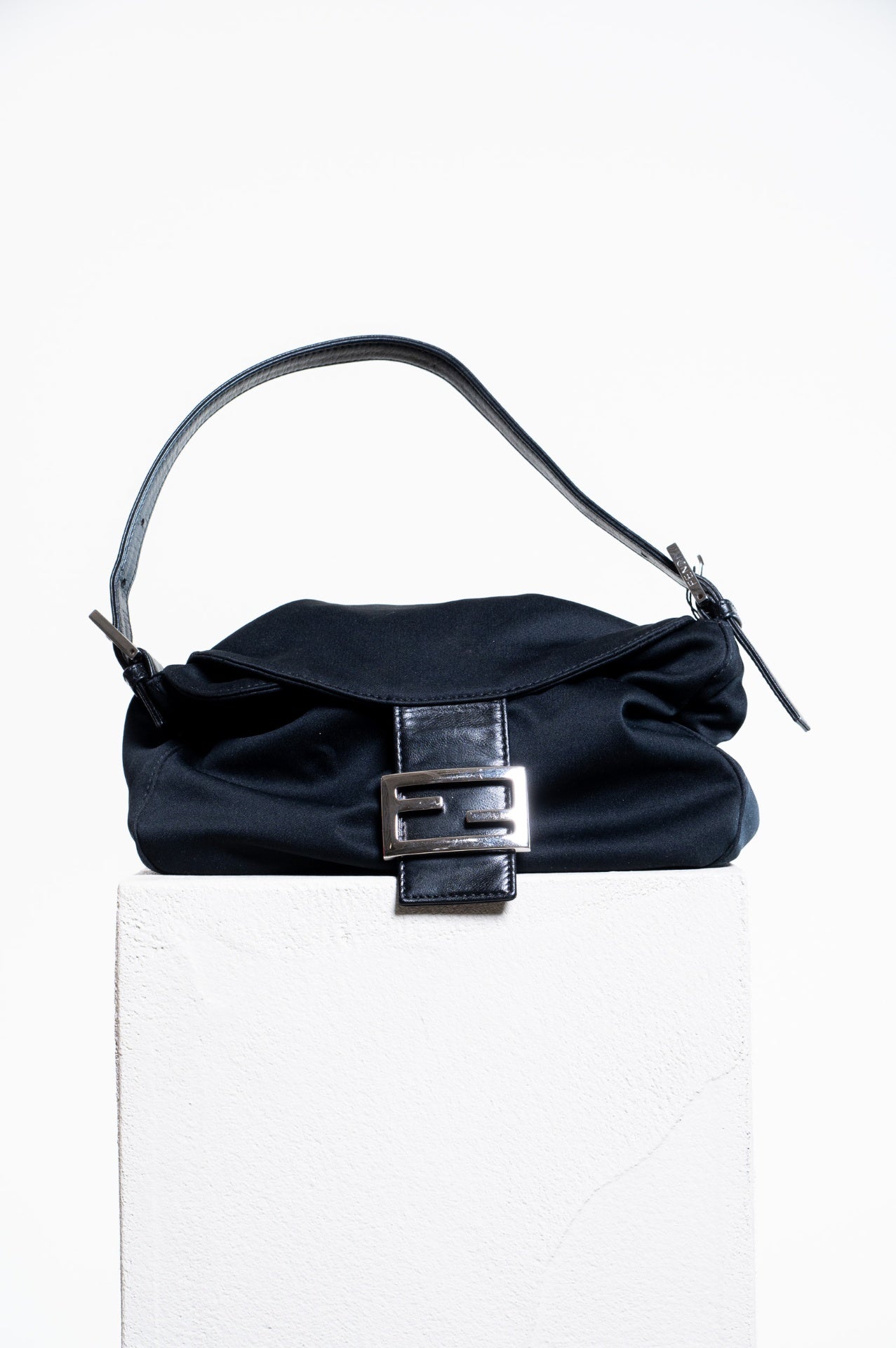 Black Fabric Baguette Bag with Leather