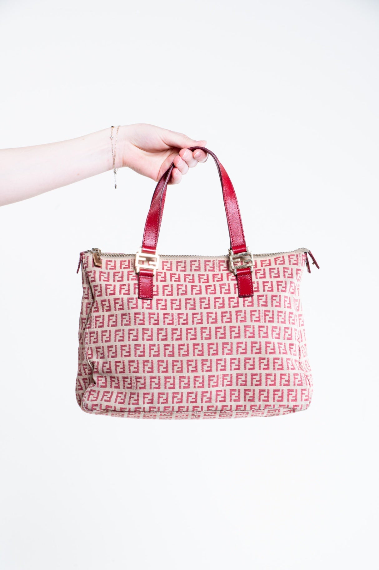 Beige and Red Canvas FF Tote bag with leather