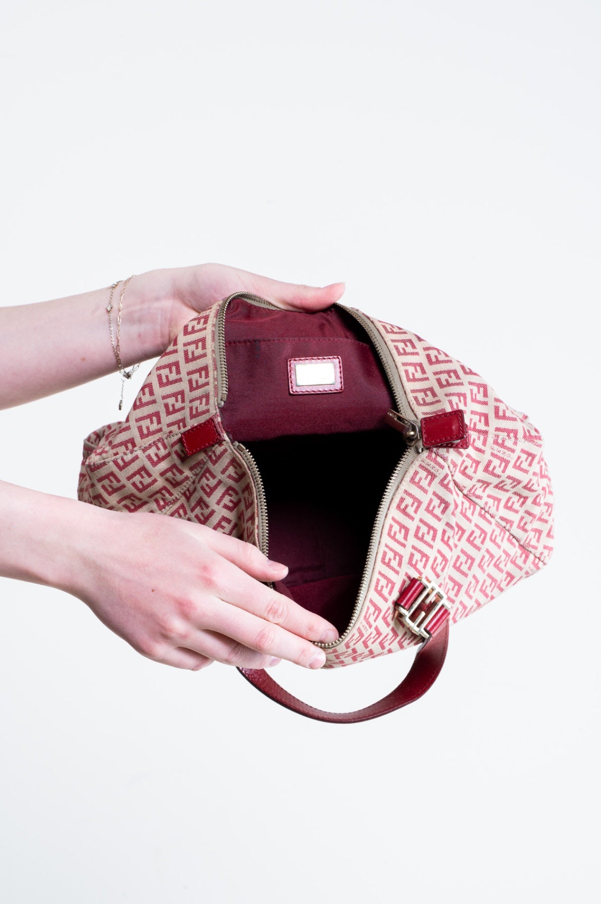 Beige and Red Canvas FF Tote bag with leather