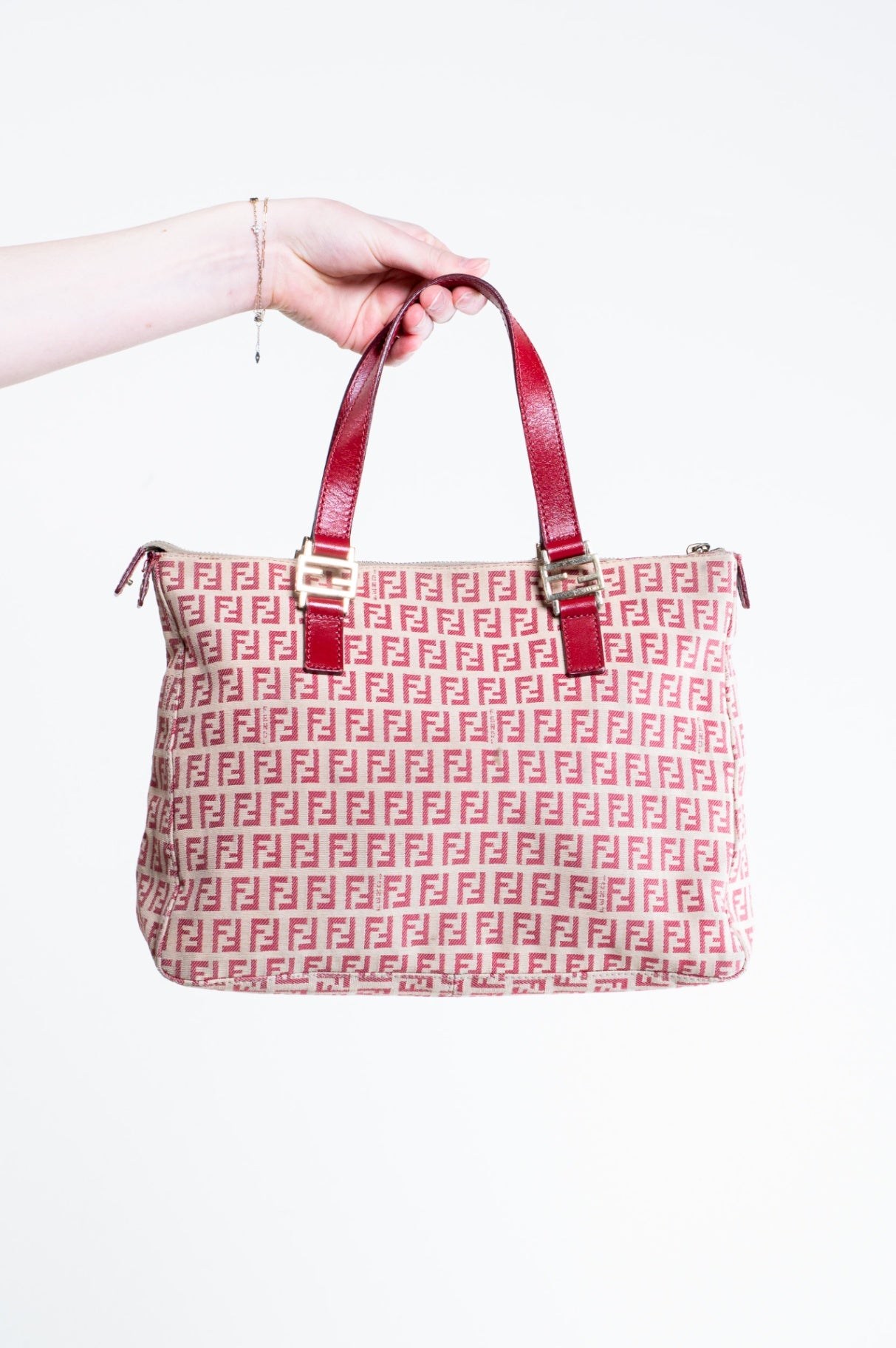 Beige and Red Canvas FF Tote bag with leather