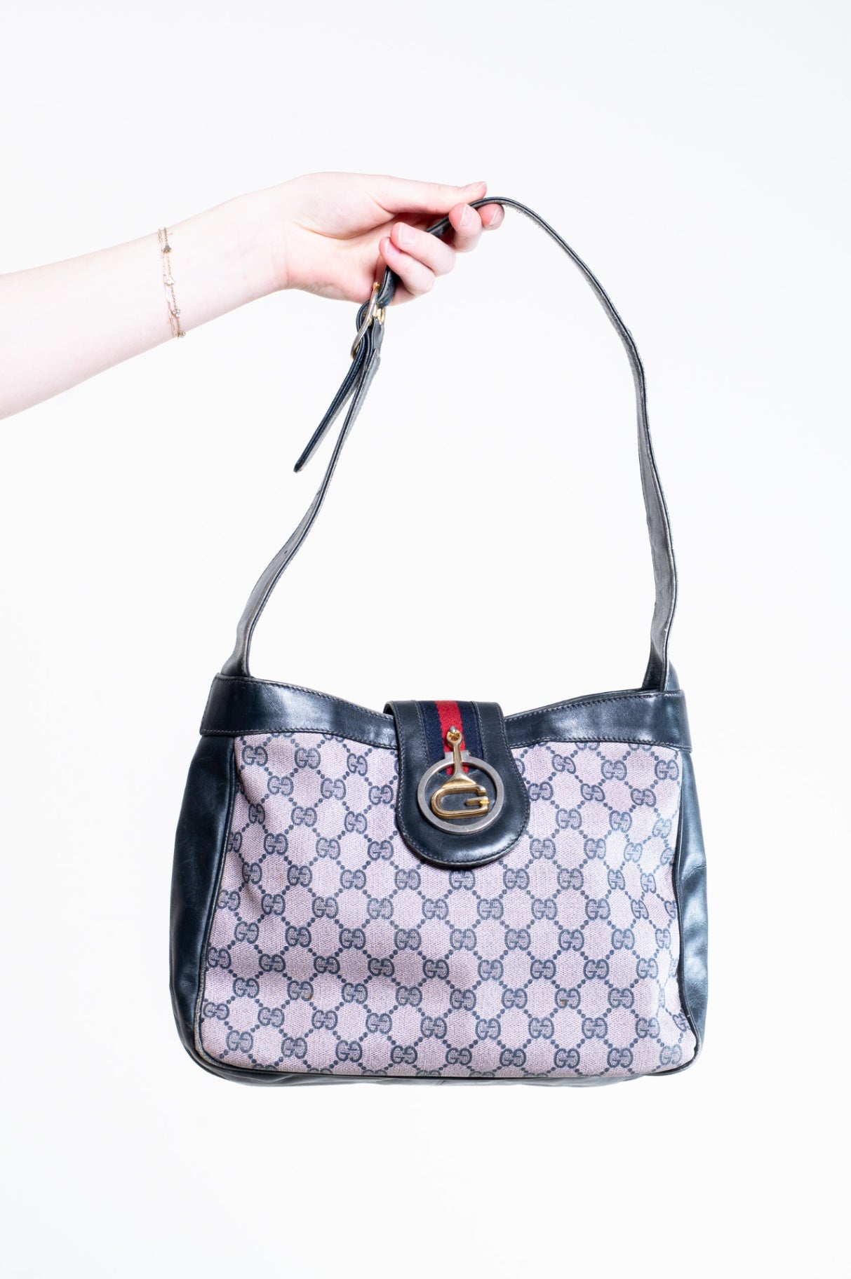 Vintage GG Navy Leather Canvas Shoulder Bag