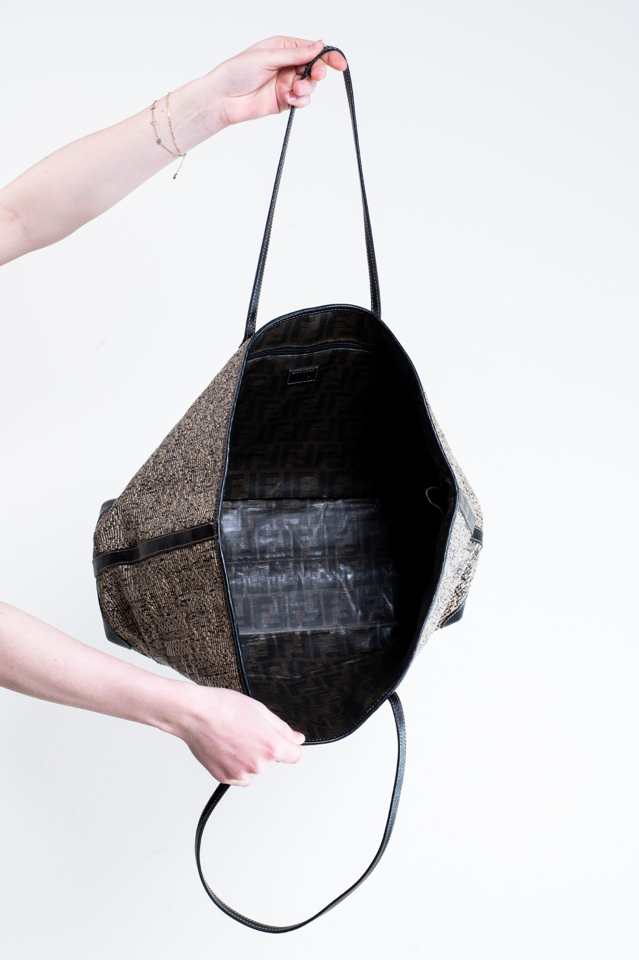 Brown and Black FF Leather Canvas Tote