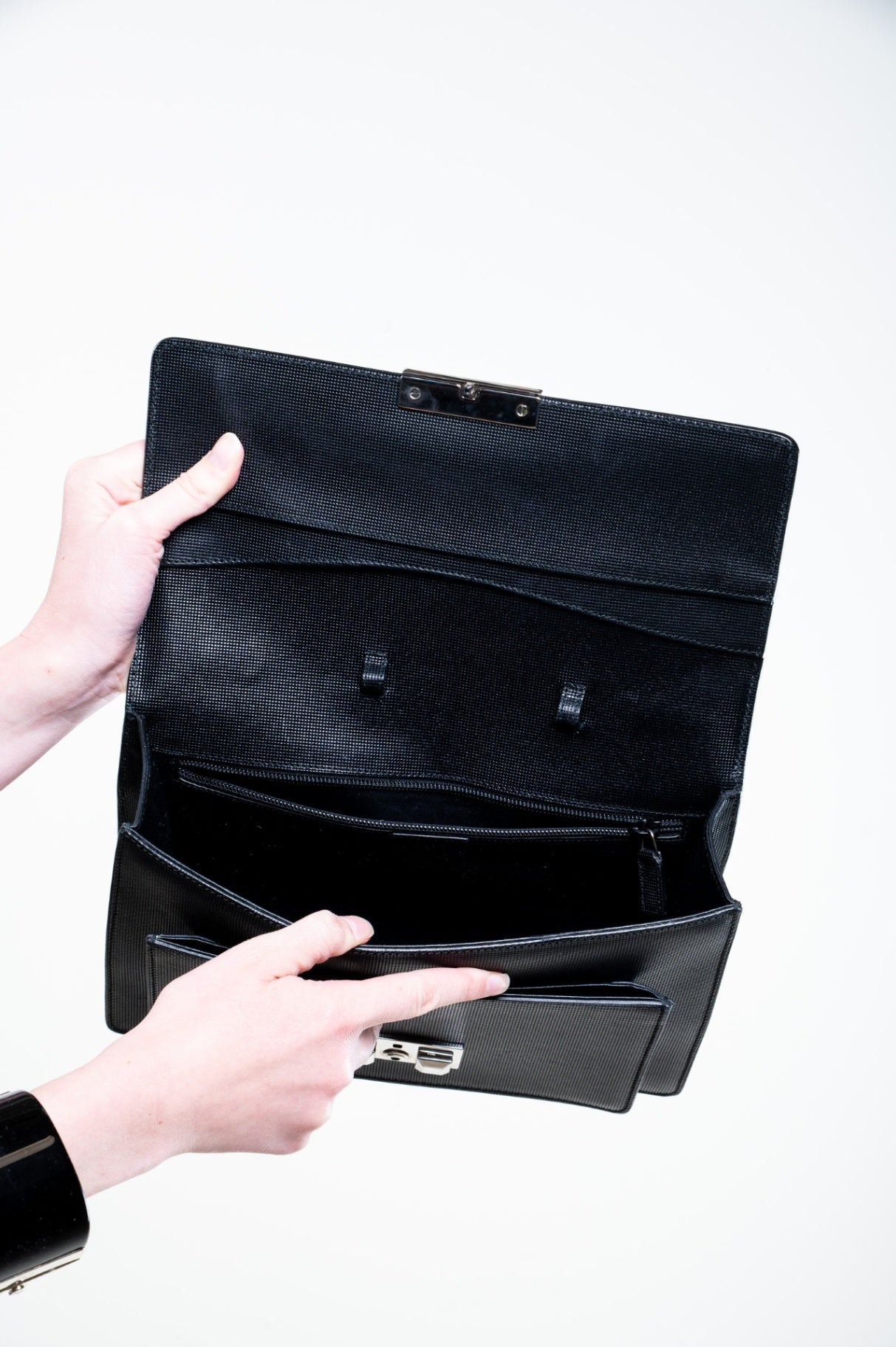 Black Embossed Leather Top Handle Bag