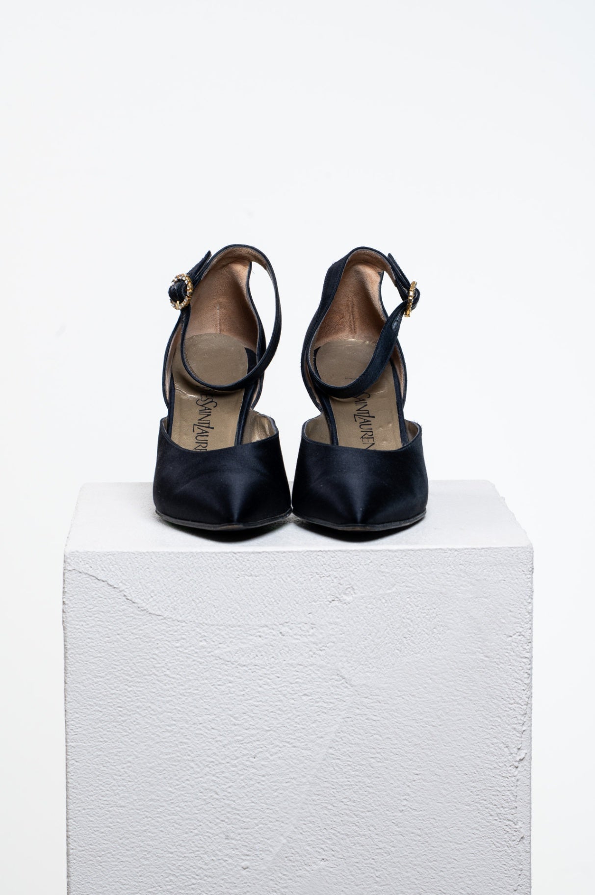 Black Satin Ankle Strap Kitten Heels