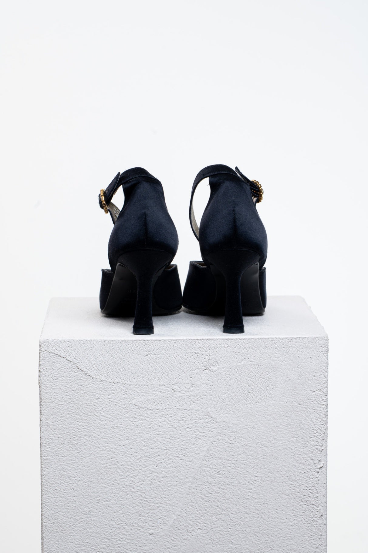 Black Satin Ankle Strap Kitten Heels