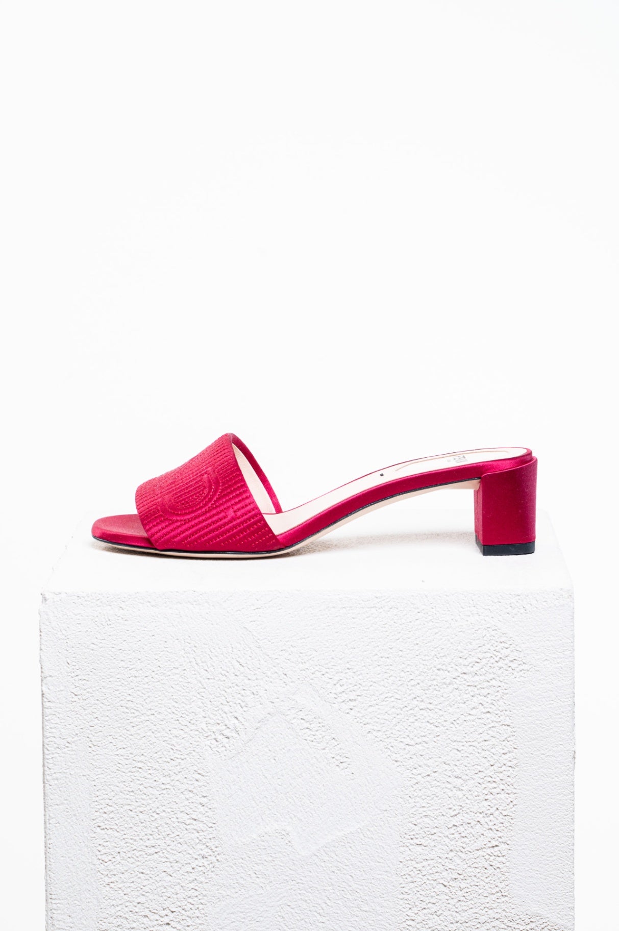 Red Satin Logo Heeled Mules