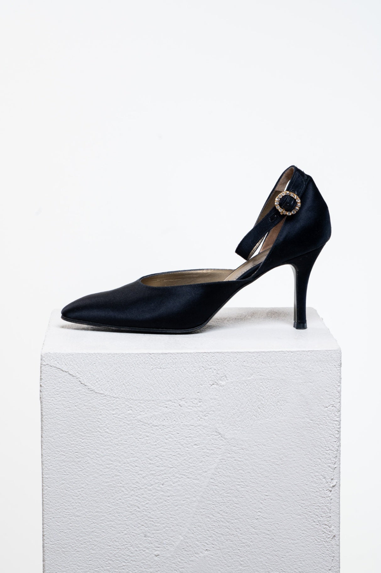 Black Satin Ankle Strap Kitten Heels