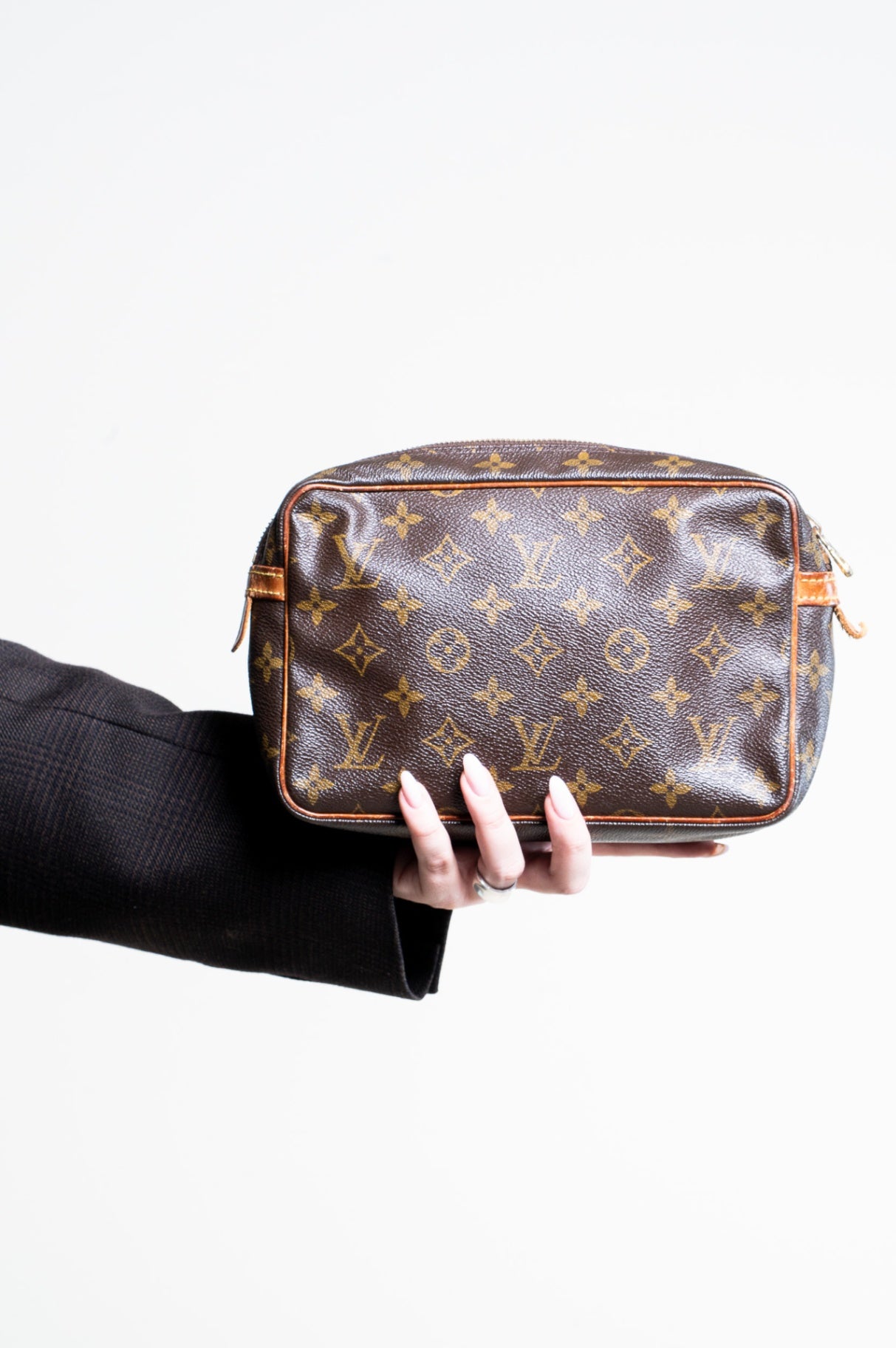 Vintage Brown Monogram Zip Cosmetic Pouch