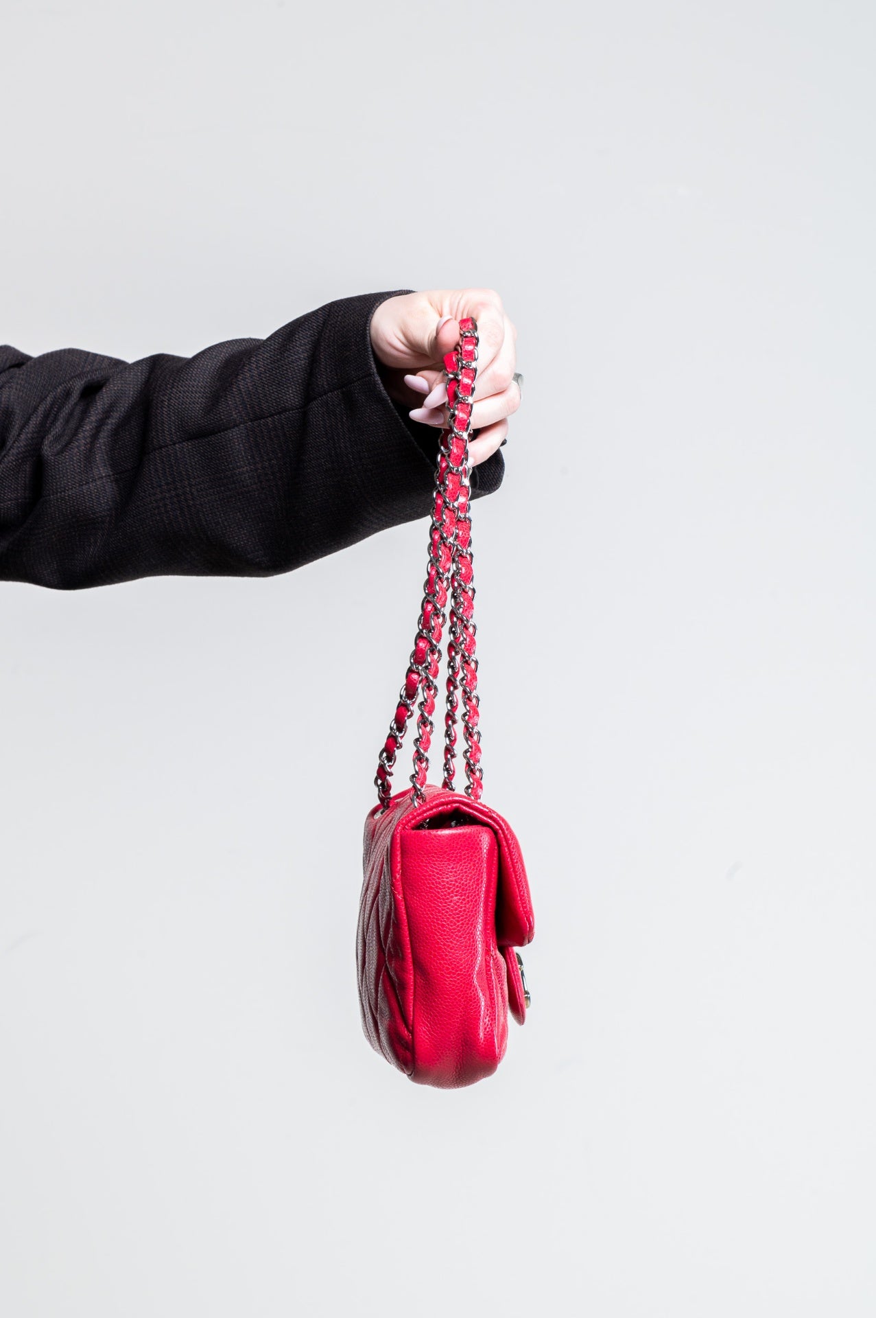 Red Quilted Glazed Caviar Leather Silver Tone CC Logo Flap Handbag