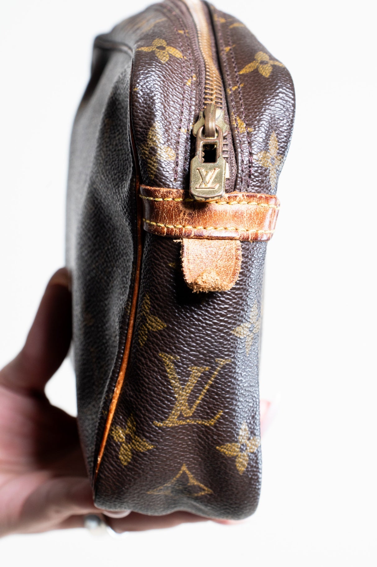 Vintage Brown Monogram Zip Cosmetic Pouch