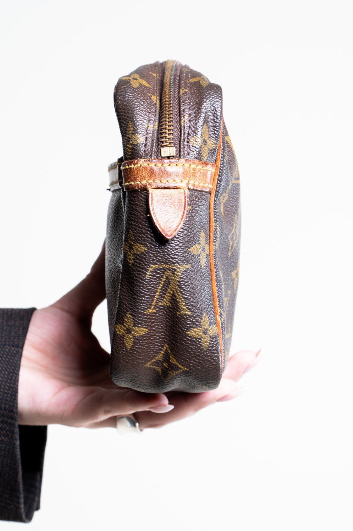 Vintage Brown Monogram Zip Cosmetic Pouch