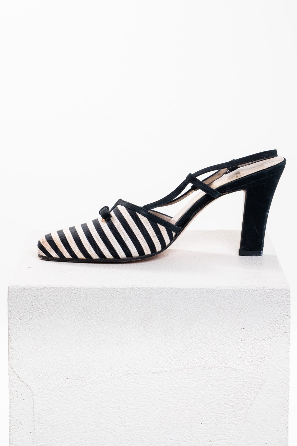 Black & White Stripe Slingback Chunky Heel