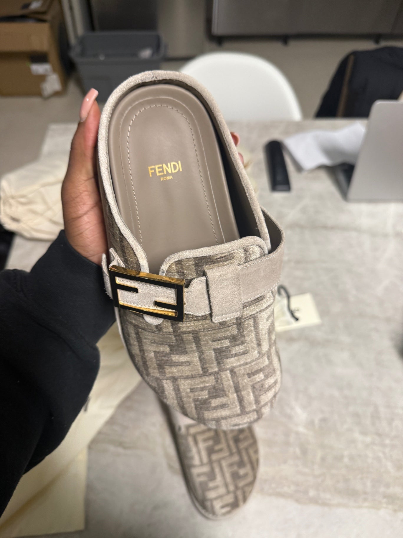 Taupe Velvet FF Feel Mules